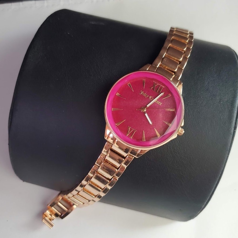 Juicy Couture Black Label Rose Gold Hot Pink Glitter Dial Watch Fresh Battery